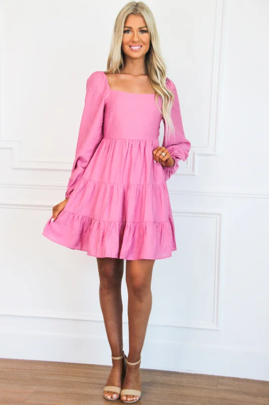 Dresses with Sheer Sleeve and Sequined Cuffs for Ladies' Elegant and Sparkly LookSunday Mornings Babydoll Dress: Pink Dresses with Sheer Sleeve and Sequined Cuffs for Ladies' Elegant and Sparkly LookSunday Mornings Babydoll Dress: Pink
