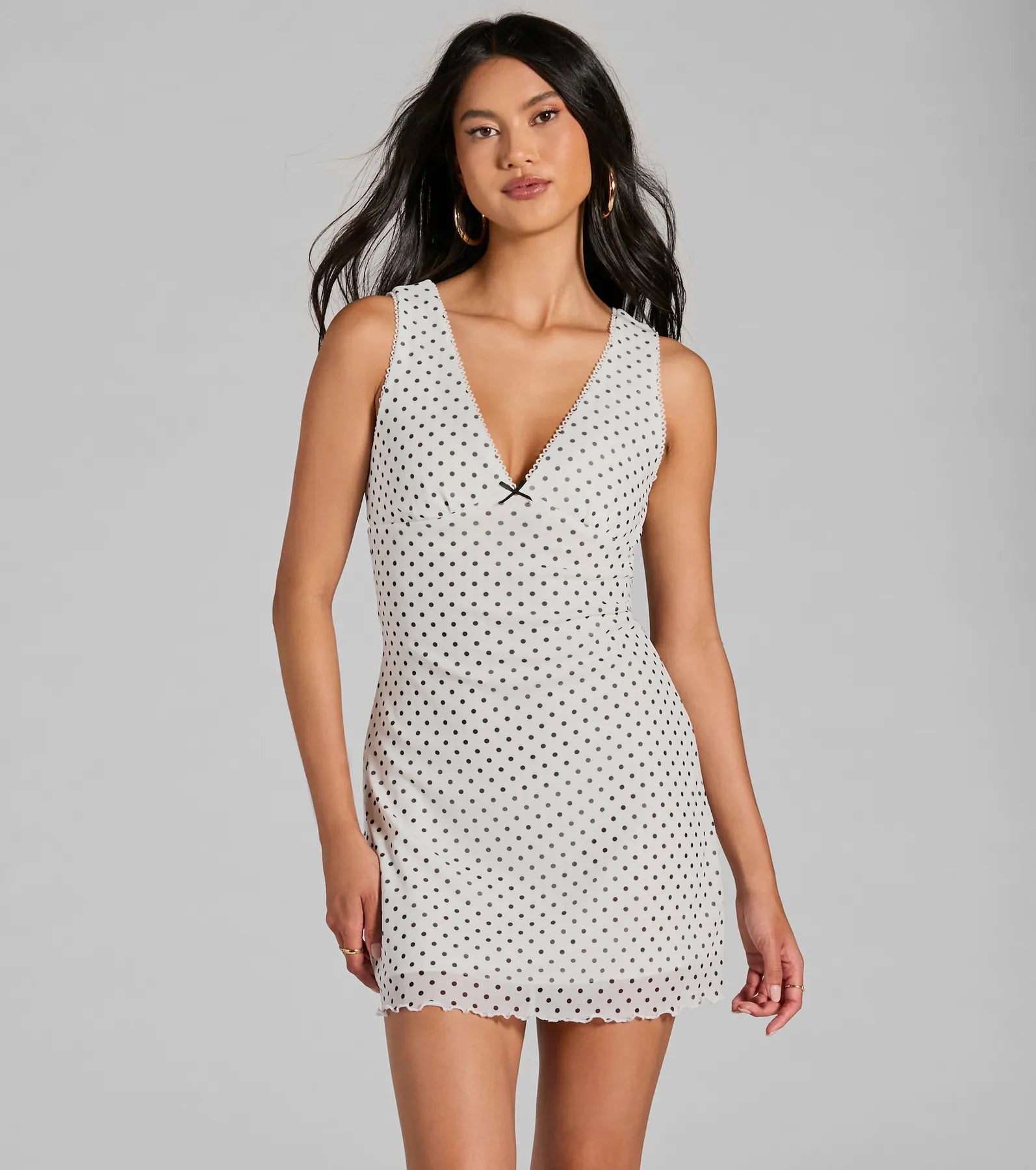 Dresses with Metallic Sequined Bodice for Ladies' Glamorous LookSweet Style Bow Detail Polka Dot Mesh Mini Dress Dresses with Metallic Sequined Bodice for Ladies' Glamorous LookSweet Style Bow Detail Polka Dot Mesh Mini Dress