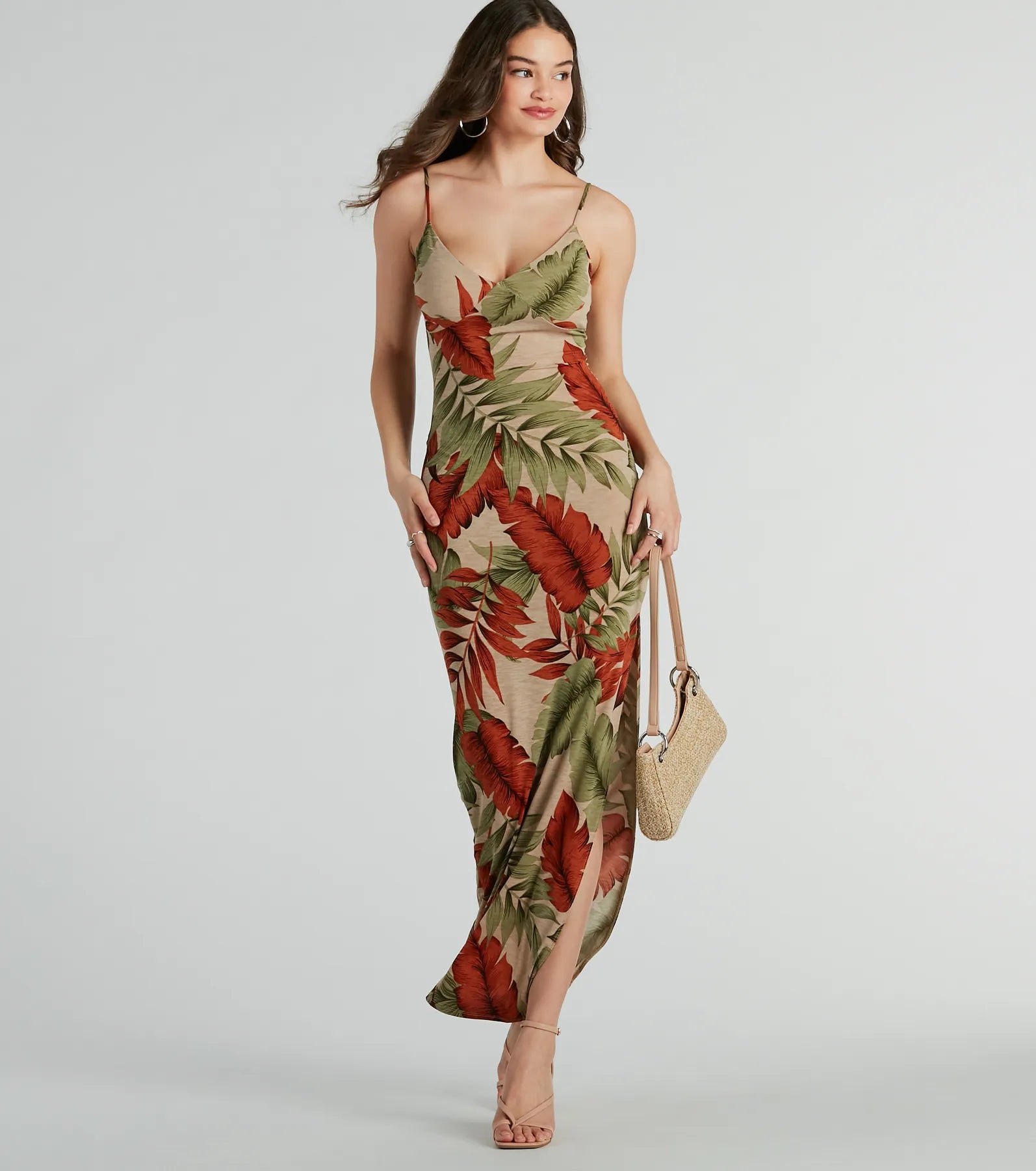 Printed Dresses with Geometric Patterns for Ladies' Modern AestheticVacay Vibes High Slit Tropical Knit Maxi Dress Printed Dresses with Geometric Patterns for Ladies' Modern AestheticVacay Vibes High Slit Tropical Knit Maxi Dress