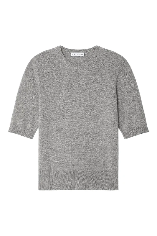 Fitted women's turtleneck T - shirt with a cut - out backWhite & Warren Cashmere Elbow Sleeve Tee in Grey Heather Fitted women's turtleneck T - shirt with a cut - out backWhite & Warren Cashmere Elbow Sleeve Tee in Grey Heather