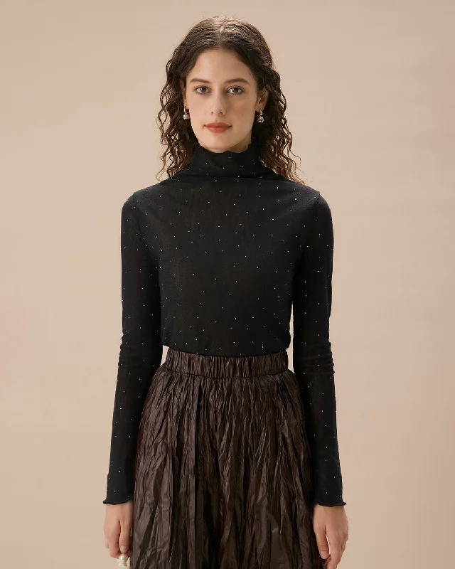 Cropped women's T - shirt with a pom - pom trimWomen's Black Polka Dot See-through Slim Tee Cropped women's T - shirt with a pom - pom trimWomen's Black Polka Dot See-through Slim Tee