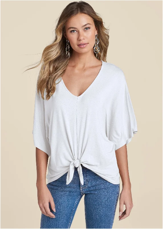 Longline women's T - shirt for a more covered - up styleKnot Twist V-Neck Tee - White Longline women's T - shirt for a more covered - up styleKnot Twist V-Neck Tee - White