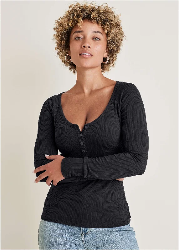 Women's T - shirt with a lace - detailed sleeveLong Sleeve Henley Tee - Black
