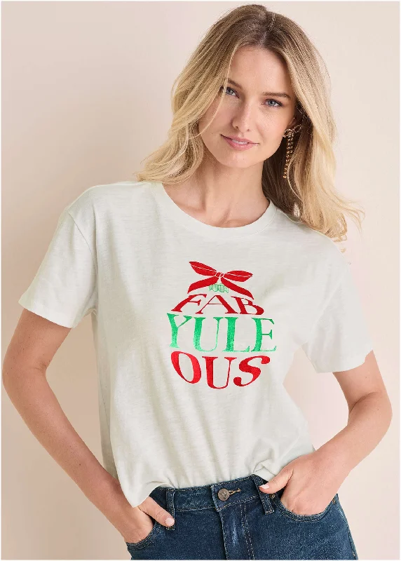 A - line women's T - shirt with a tiered ruffleFab-Yule-Ous Graphic Tee - Off White A - line women's T - shirt with a tiered ruffleFab-Yule-Ous Graphic Tee - Off White