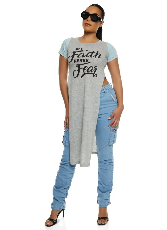 Fitted women's turtleneck T - shirtAll Faith Never Fear Denim Sleeve Graphic Tee
