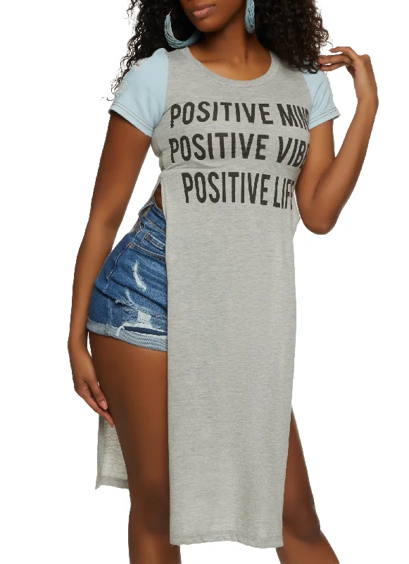 Open - work women's T - shirt with a lace - like patternDenim Sleeve Positive Life Graphic Maxi Tee