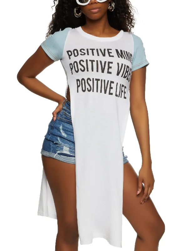 Women's T - shirt with a patch pocketDenim Sleeve Positive Life Graphic Maxi Tee