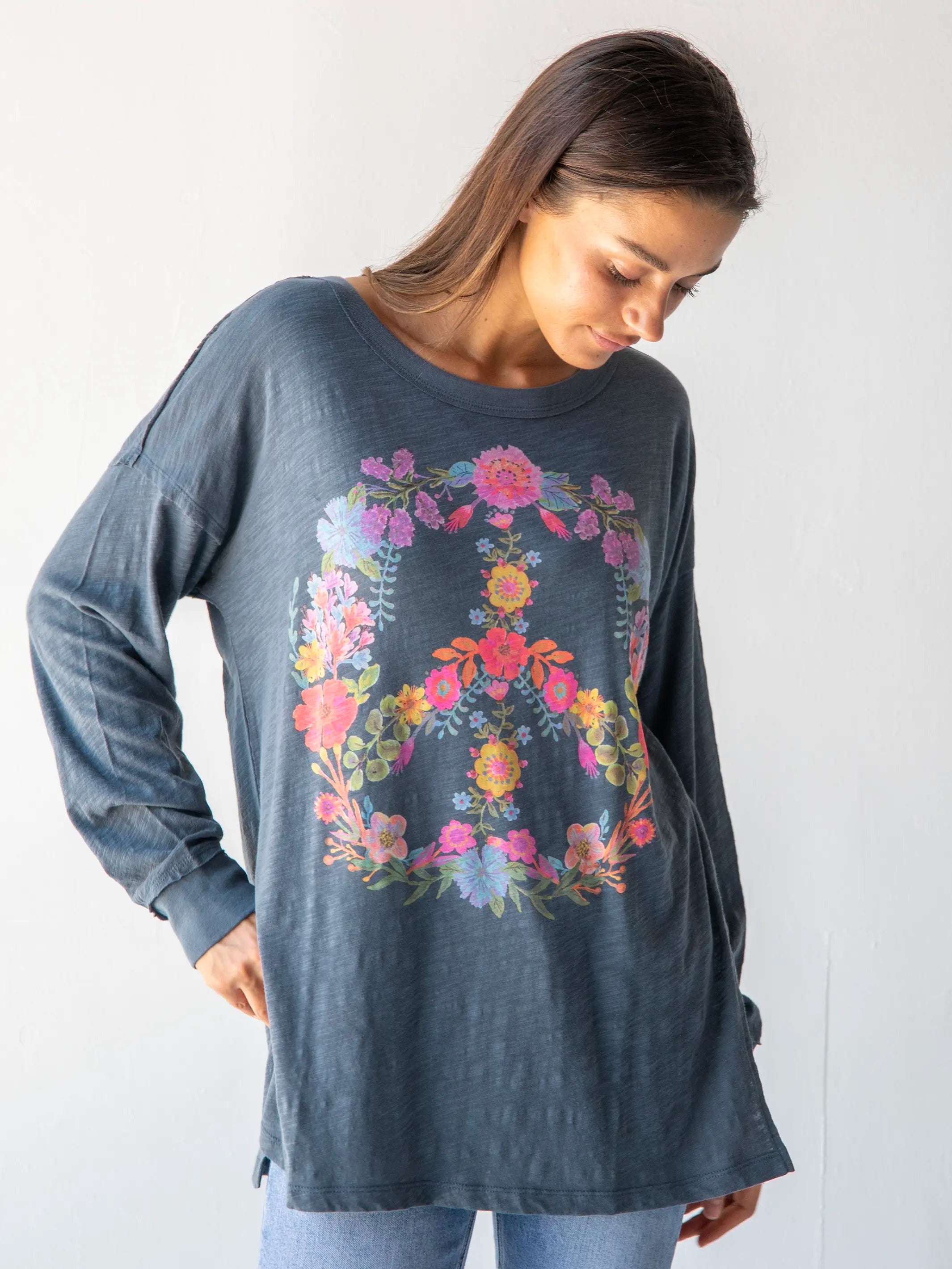 Women's T - shirt with a beaded - embroidery detailArden Long Sleeve Cotton Tee Shirt - Indigo Peace Sign Women's T - shirt with a beaded - embroidery detailArden Long Sleeve Cotton Tee Shirt - Indigo Peace Sign