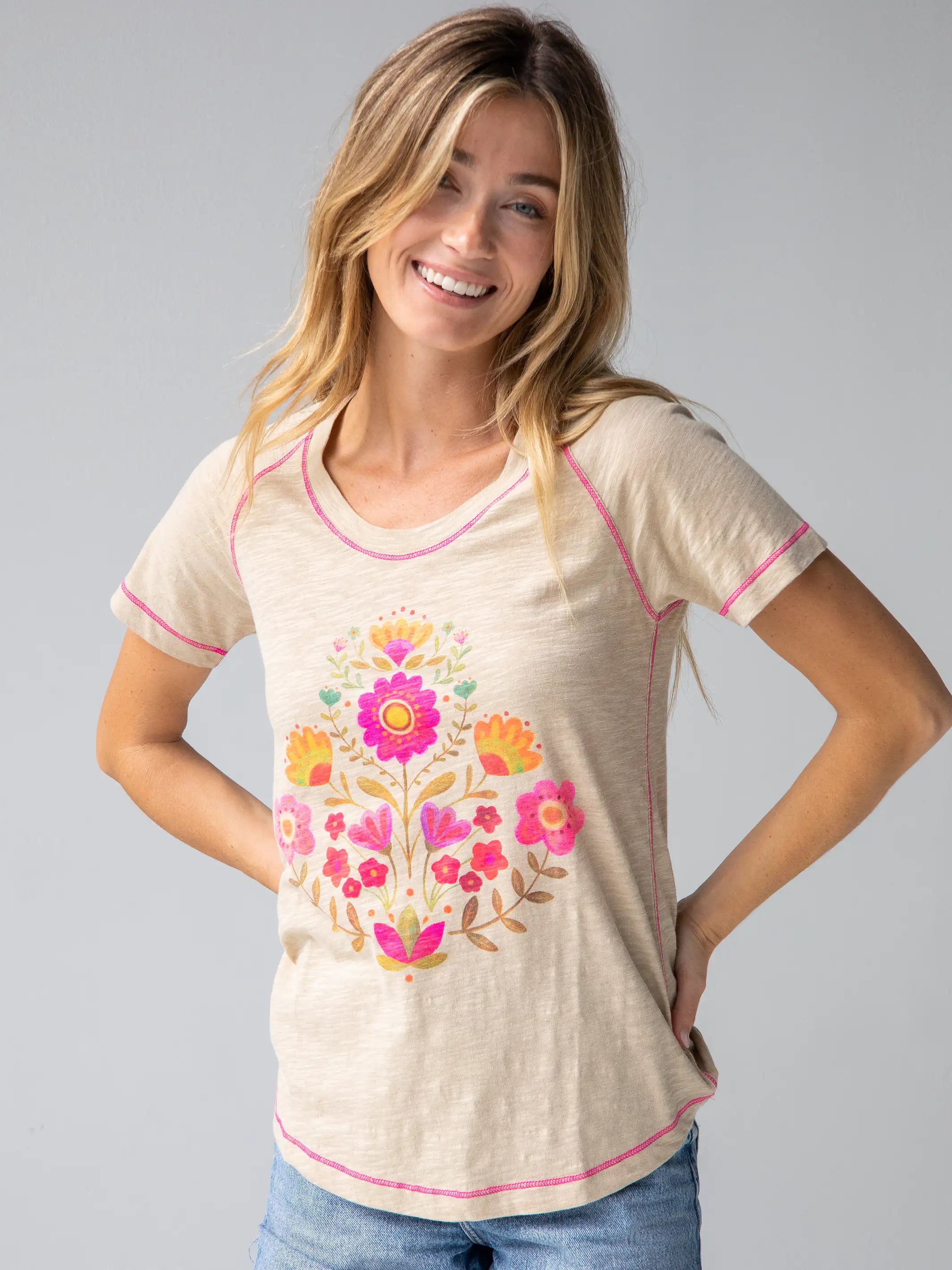 Printed women's T - shirt with a geometric - nautical patternBoho Cotton Tee Shirt - Cream Folk Flower Printed women's T - shirt with a geometric - nautical patternBoho Cotton Tee Shirt - Cream Folk Flower