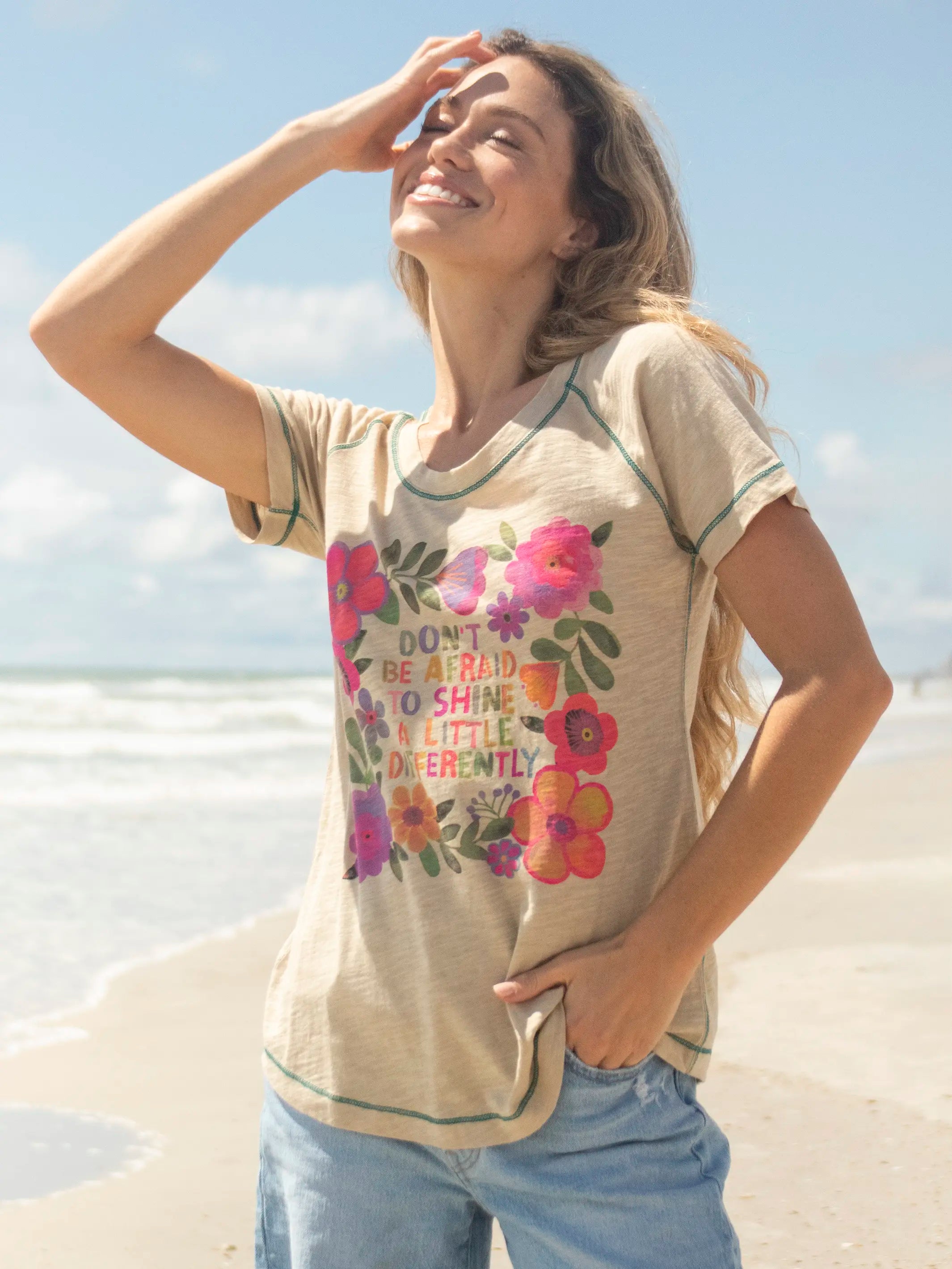 Cable knit women's T - shirt with a cable - textured collarBoho Cotton Tee Shirt - Don't Be Afraid To Shine Cable knit women's T - shirt with a cable - textured collarBoho Cotton Tee Shirt - Don't Be Afraid To Shine