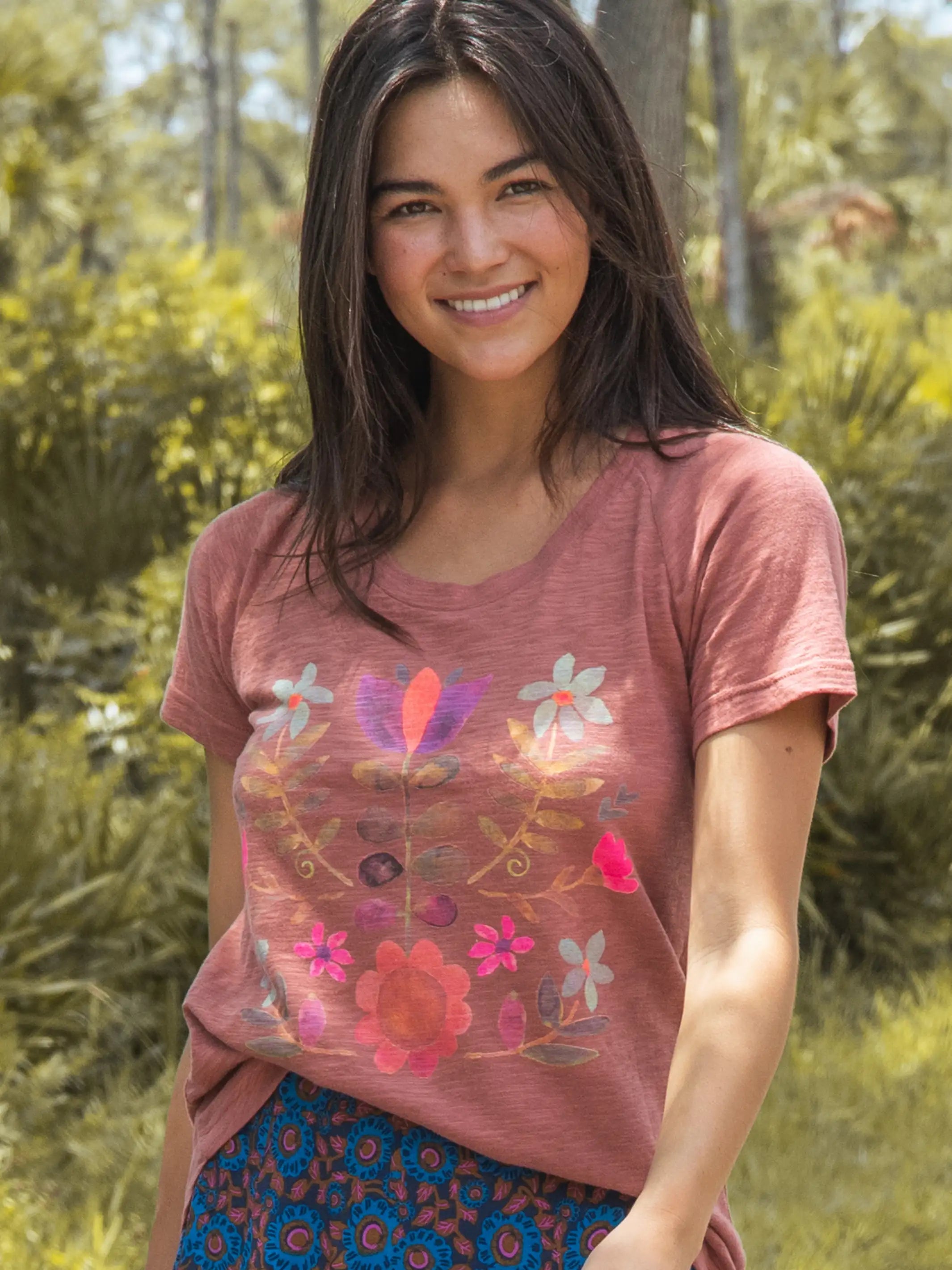 Women's T - shirt with a color - changing effect in different lightsBoho Cotton Tee Shirt - Rust Folk Flower Women's T - shirt with a color - changing effect in different lightsBoho Cotton Tee Shirt - Rust Folk Flower
