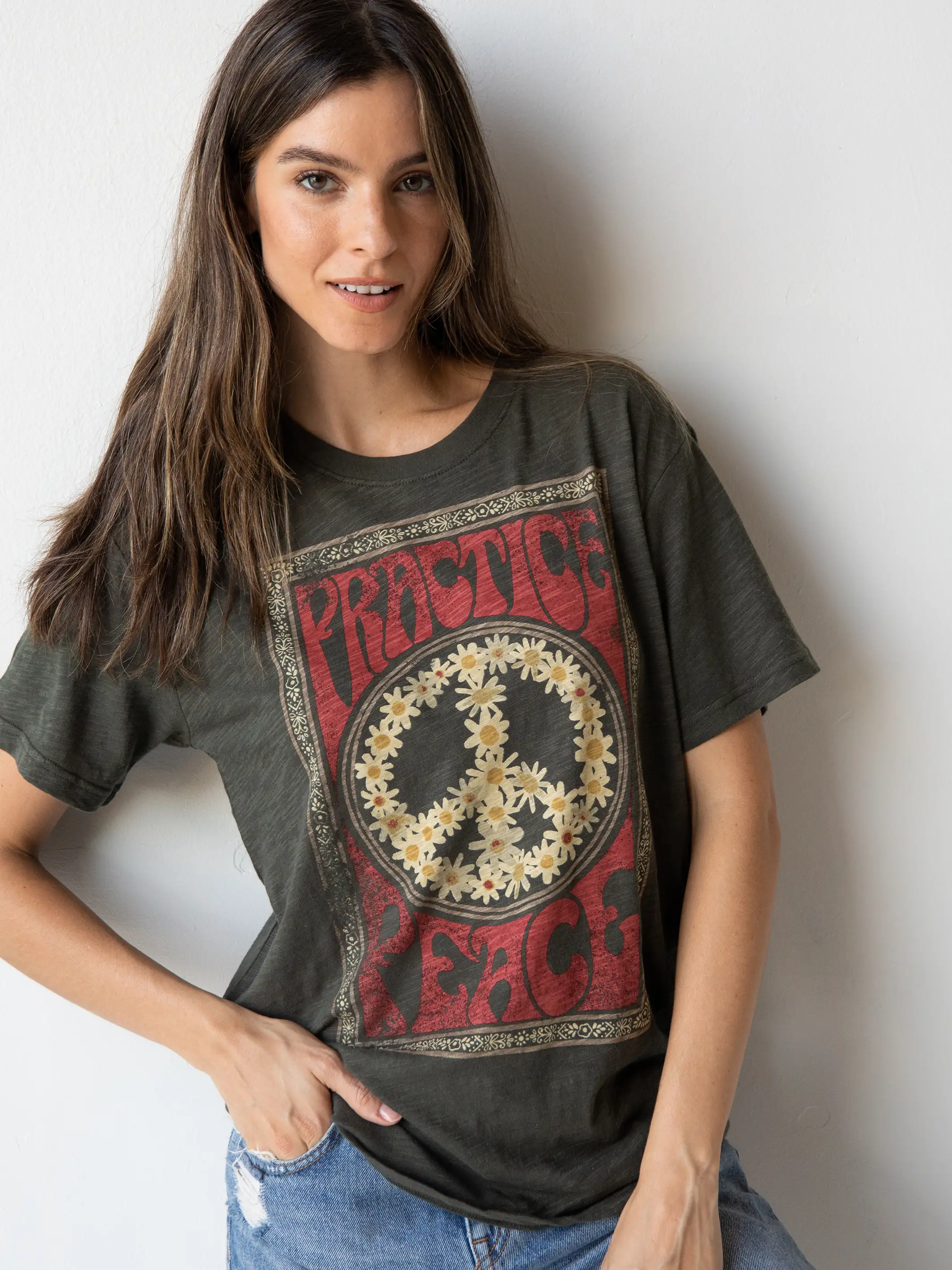 Fuzzy women's T - shirt with a fur - like textureBoyfriend Tee Shirt - Practice Peace Fuzzy women's T - shirt with a fur - like textureBoyfriend Tee Shirt - Practice Peace