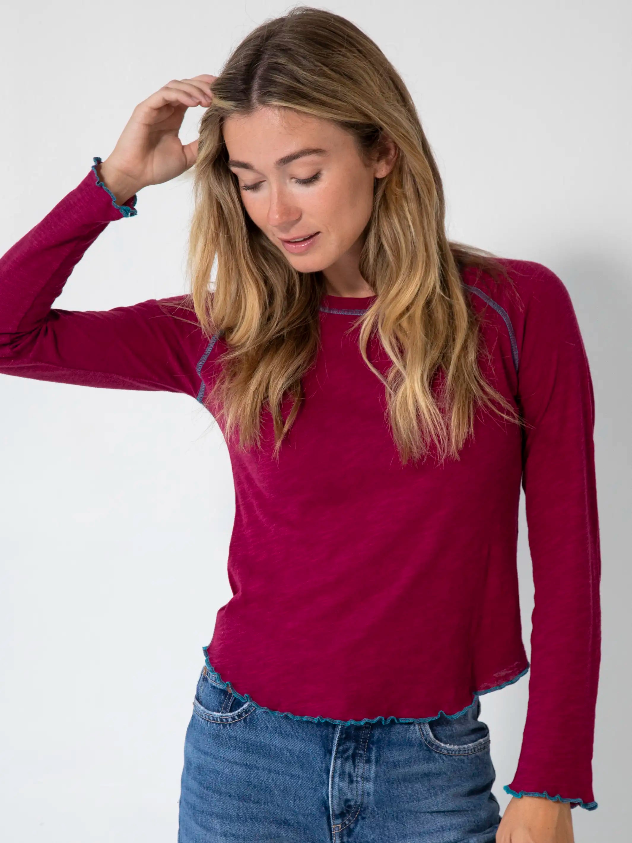 A - line women's T - shirt with a pleated skirtLily Cotton Long Sleeve Tee Shirt - Cranberry A - line women's T - shirt with a pleated skirtLily Cotton Long Sleeve Tee Shirt - Cranberry