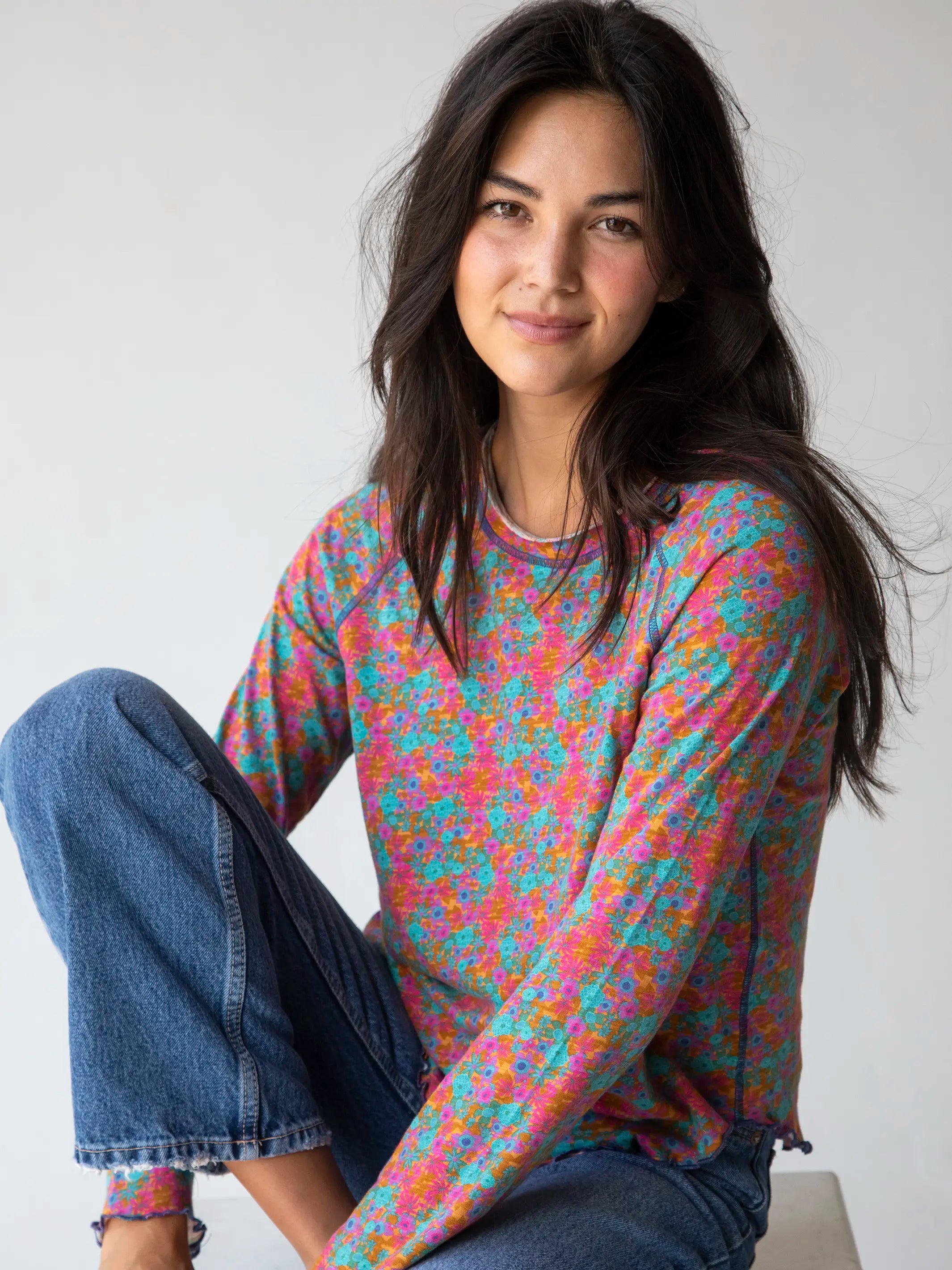 Printed women's T - shirt with a geometric - floral patternLily Cotton Long Sleeve Tee Shirt - Turquoise Pink Purple Floral Printed women's T - shirt with a geometric - floral patternLily Cotton Long Sleeve Tee Shirt - Turquoise Pink Purple Floral