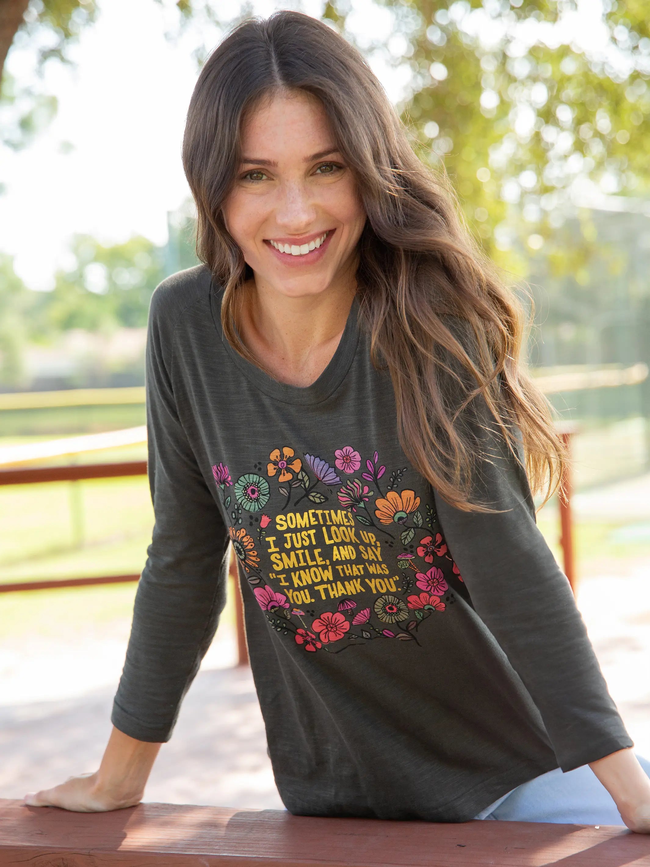 Fitted women's T - shirt with a ruched sideLong Sleeve Boho Cotton Tee Shirt - Look Up and Smile Fitted women's T - shirt with a ruched sideLong Sleeve Boho Cotton Tee Shirt - Look Up and Smile