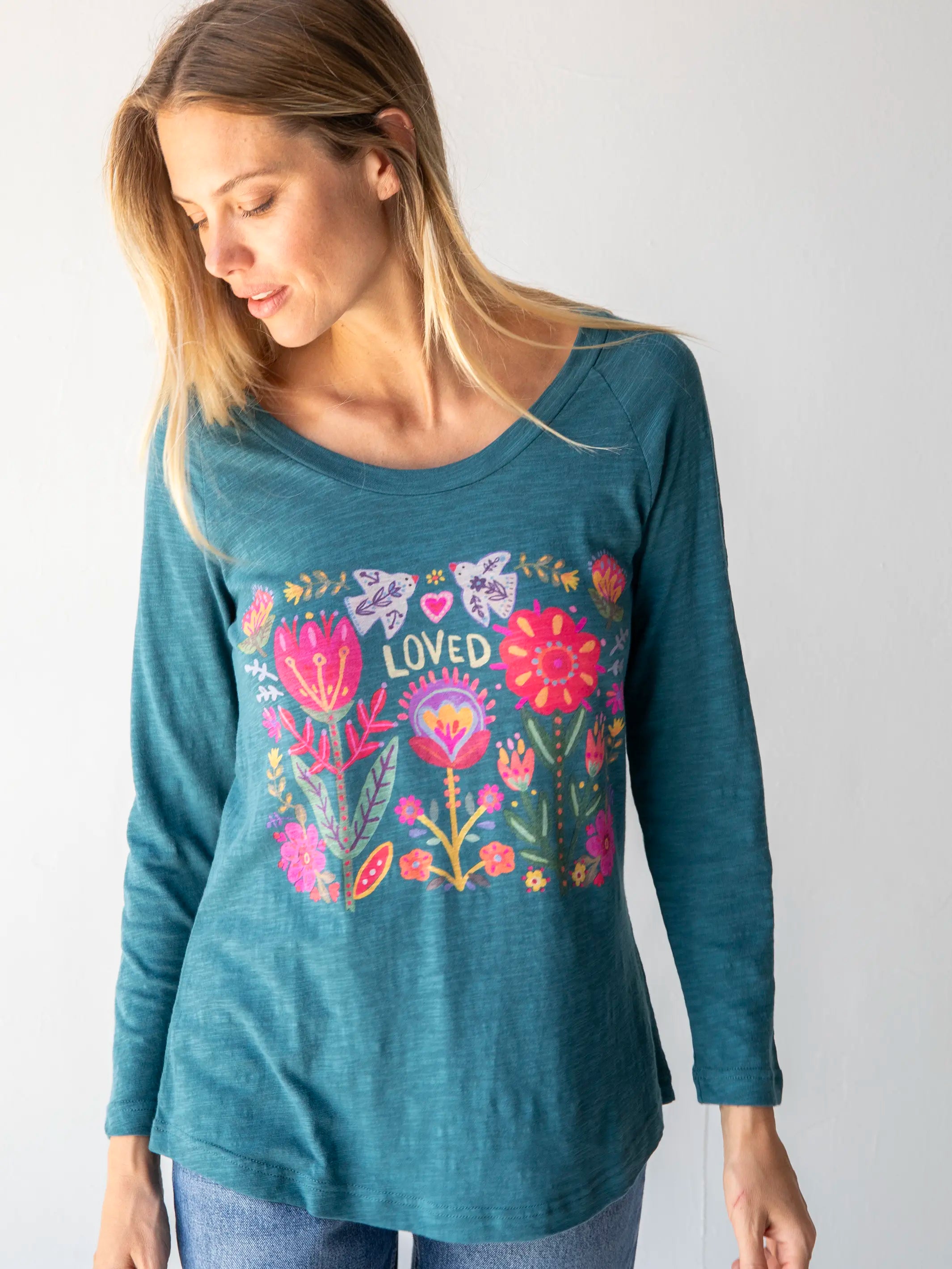 Cable knit women's T - shirt with a cable - textured pocketLong Sleeve Boho Cotton Tee Shirt - Loved Teal Cable knit women's T - shirt with a cable - textured pocketLong Sleeve Boho Cotton Tee Shirt - Loved Teal