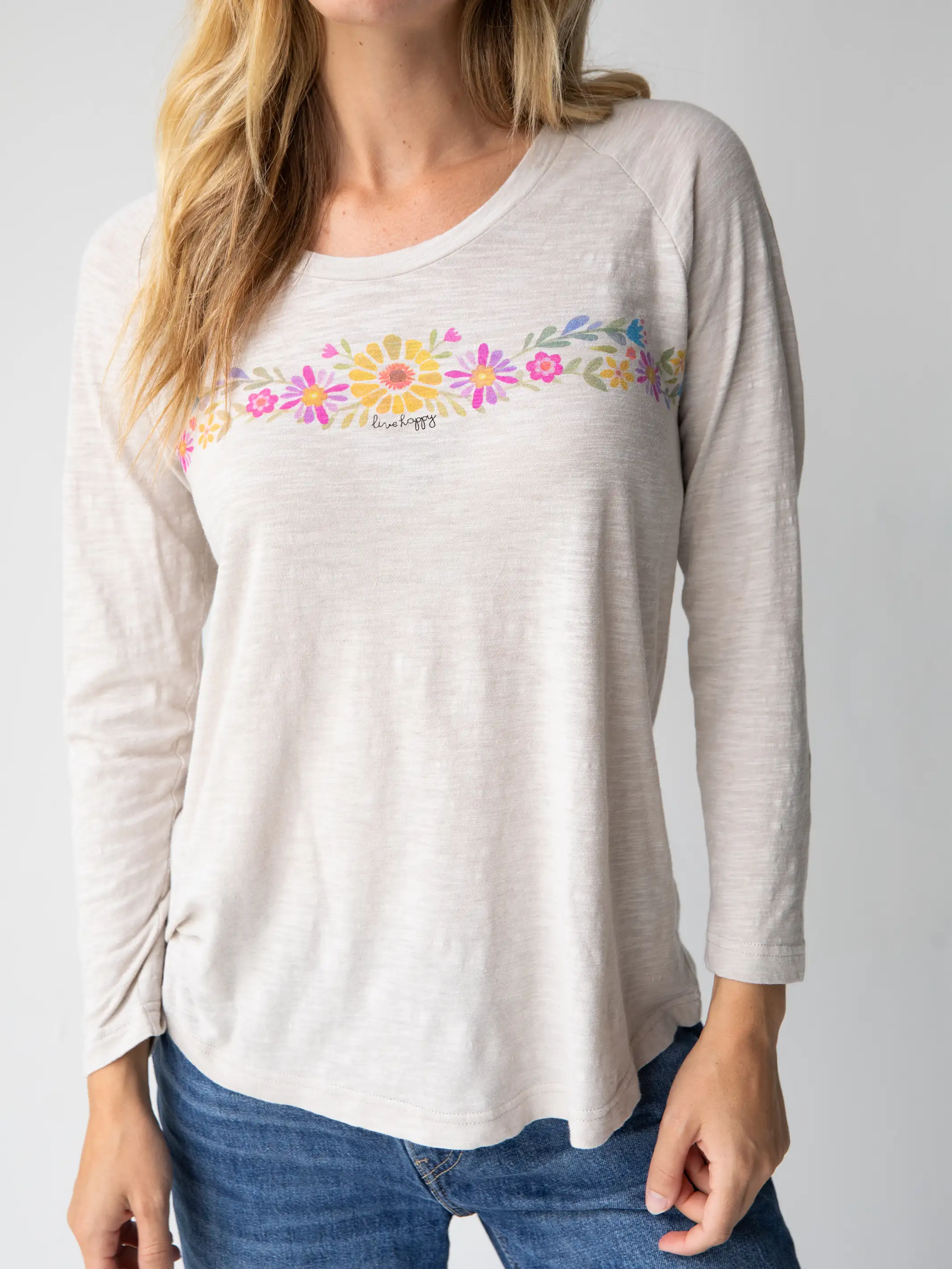 Women's T - shirt with a lace - detailed sleeveLong Sleeve Boho Cotton Tee Shirt - Moonstone Live Happy Women's T - shirt with a lace - detailed sleeveLong Sleeve Boho Cotton Tee Shirt - Moonstone Live Happy