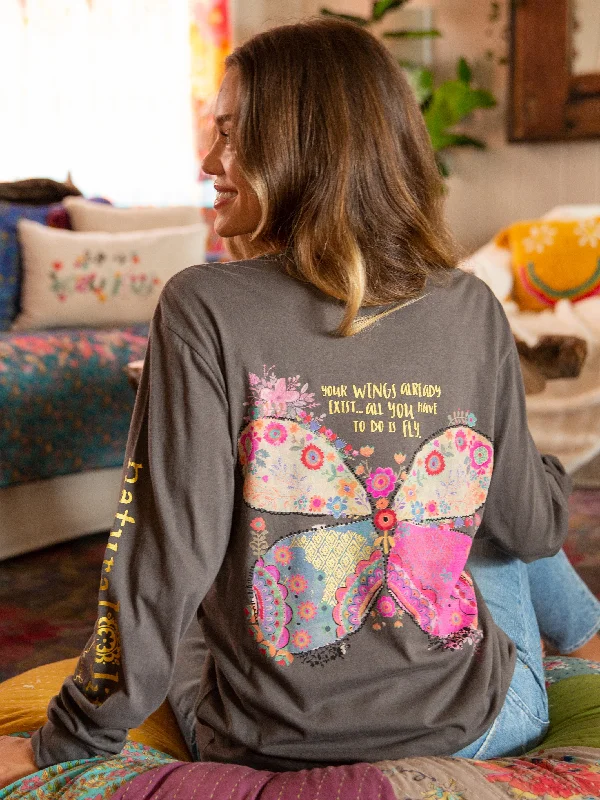 Printed women's T - shirt with a vintage - inspired floral patternLong Sleeve Cotton Comfy Tee Shirt - Wings Exist Printed women's T - shirt with a vintage - inspired floral patternLong Sleeve Cotton Comfy Tee Shirt - Wings Exist
