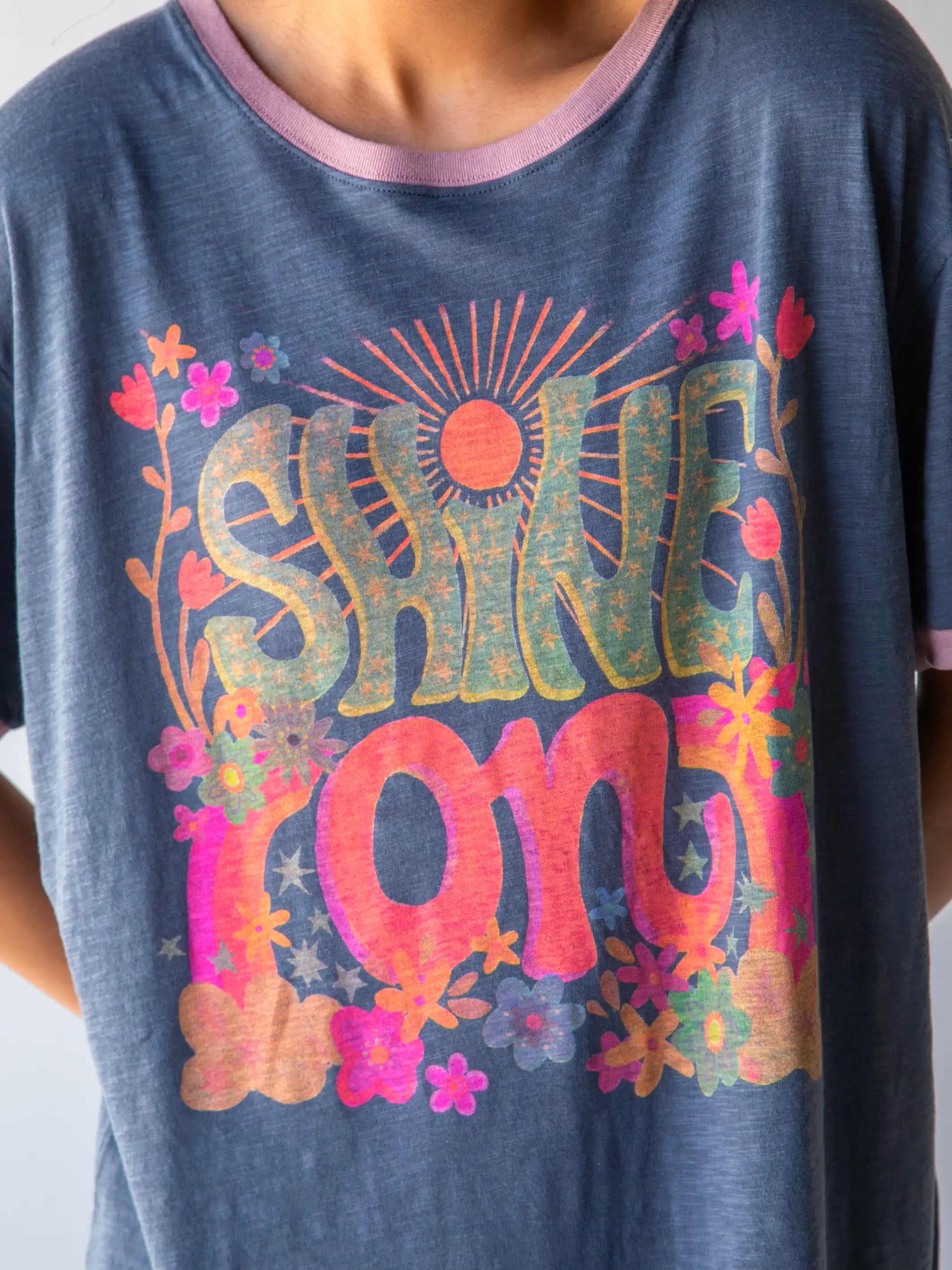 A - line women's T - shirt with a tiered ruffleRinger Oversized Tee Shirt - Shine On A - line women's T - shirt with a tiered ruffleRinger Oversized Tee Shirt - Shine On