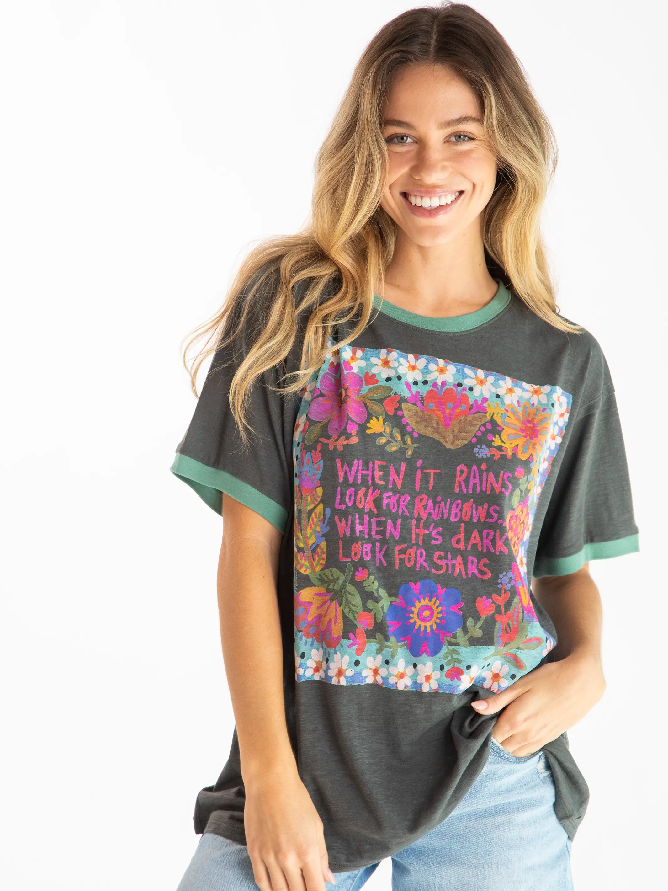 Women's T - shirt with a metallic - colored yarn and a ribbed textureRinger Oversized Tee Shirt - When It Rains Women's T - shirt with a metallic - colored yarn and a ribbed textureRinger Oversized Tee Shirt - When It Rains