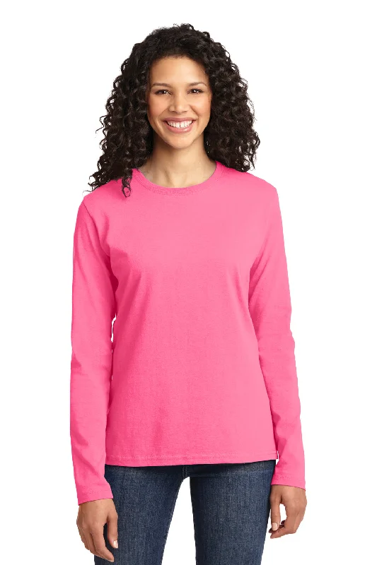 Women's T - shirt with a high - low hem and side slitsPort & Company Womens Core Long Sleeve Crewneck T-Shirt - Neon Pink - Closeout