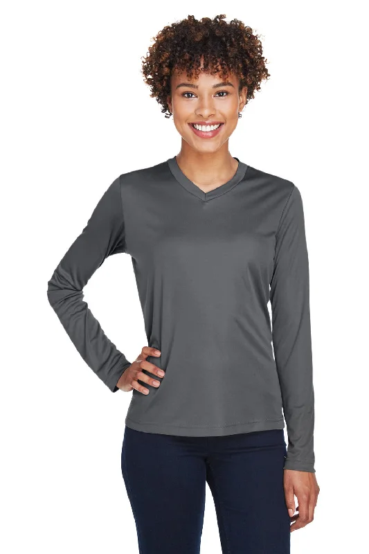 Mock - neck women's T - shirt with a zip - up frontTeam 365 Womens Zone Performance Moisture Wicking Long Sleeve Crewneck T-Shirt - Graphite Grey Mock - neck women's T - shirt with a zip - up frontTeam 365 Womens Zone Performance Moisture Wicking Long Sleeve Crewneck T-Shirt - Graphite Grey