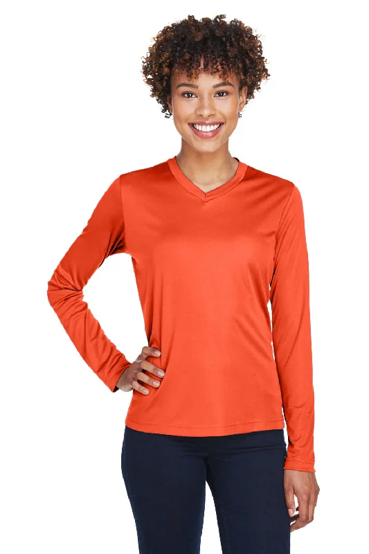 Open - front women's T - shirt for a versatile lookTeam 365 Womens Zone Performance Moisture Wicking Long Sleeve Crewneck T-Shirt - Orange Open - front women's T - shirt for a versatile lookTeam 365 Womens Zone Performance Moisture Wicking Long Sleeve Crewneck T-Shirt - Orange