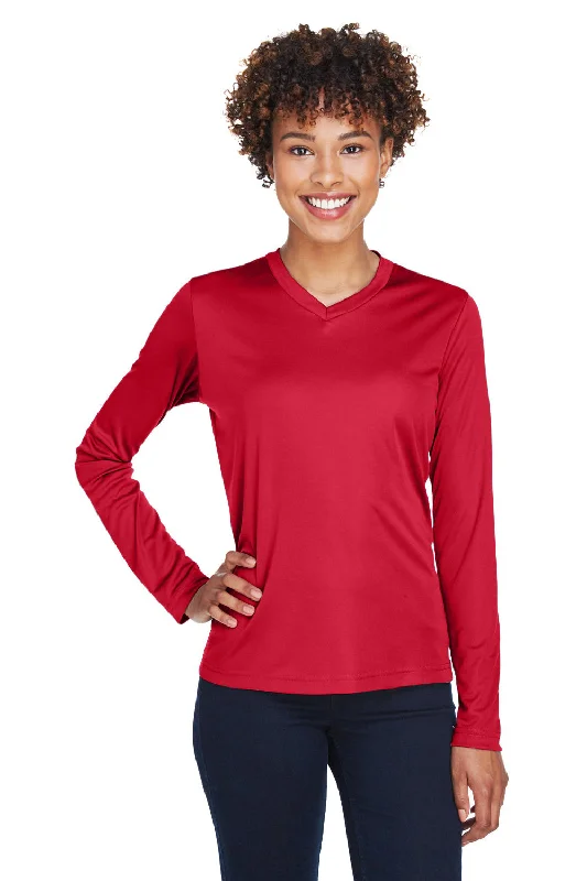 Long - length women's T - shirt with a hood and a drawstringTeam 365 Womens Zone Performance Moisture Wicking Long Sleeve Crewneck T-Shirt - Red Long - length women's T - shirt with a hood and a drawstringTeam 365 Womens Zone Performance Moisture Wicking Long Sleeve Crewneck T-Shirt - Red