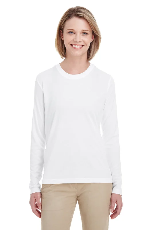 Women's wrap - style T - shirt for a customizable fitUltraClub Womens Cool & Dry Performance Moisture Wicking Long Sleeve Crewneck T-Shirt - White Women's wrap - style T - shirt for a customizable fitUltraClub Womens Cool & Dry Performance Moisture Wicking Long Sleeve Crewneck T-Shirt - White