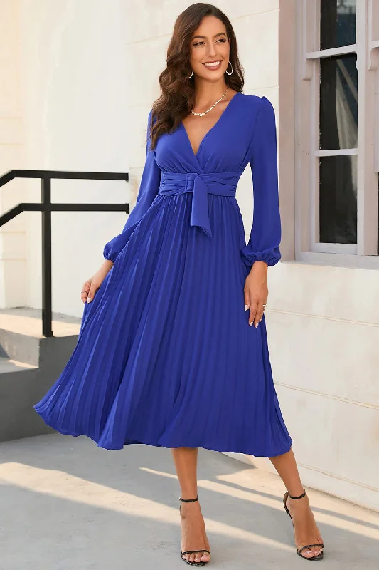 "Designer - inspired women's evening dresses"A Line V Neck Royal Blue Wedding Guest Party Dress with Belt "Designer - inspired women's evening dresses"A Line V Neck Royal Blue Wedding Guest Party Dress with Belt