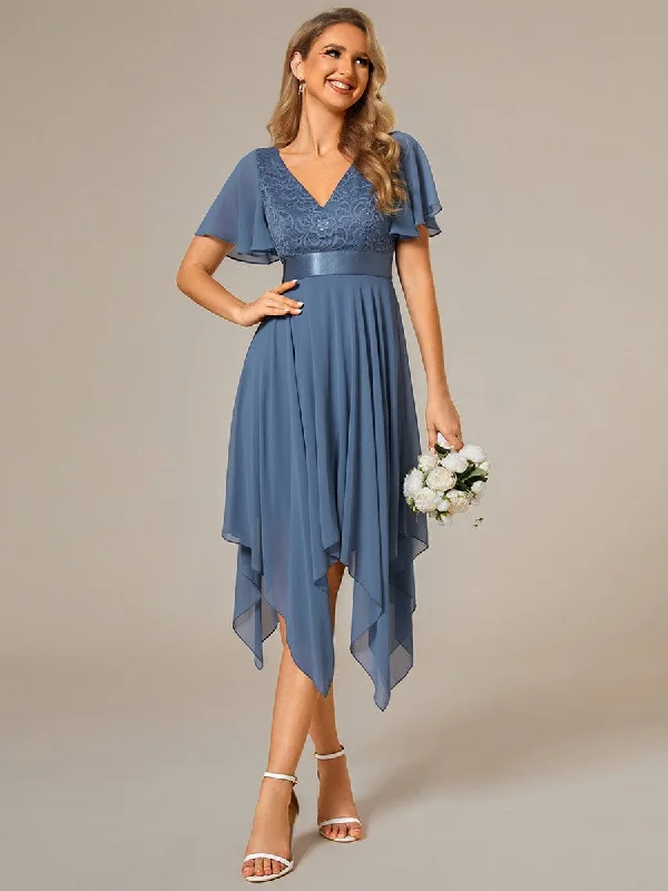 "A - line dresses for women to flatter the figure"Asymmetrical Hem Empire Waist Short Sleeves Knee-Length Bridesmaid Dress "A - line dresses for women to flatter the figure"Asymmetrical Hem Empire Waist Short Sleeves Knee-Length Bridesmaid Dress