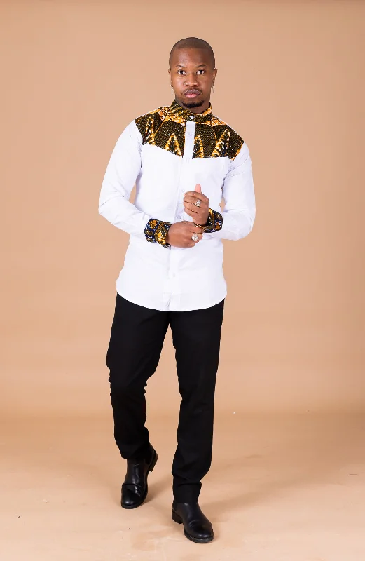 "Designer - inspired women's evening dresses"Tayo White Shirt and Ankara Mixed Print Men Shirt | African Print "Designer - inspired women's evening dresses"Tayo White Shirt and Ankara Mixed Print Men Shirt | African Print