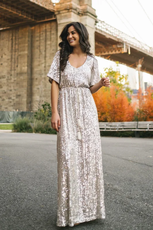 "Smart casual dresses for women for work - to - weekend transitions"Celia Silver Sequin Maxi Dress "Smart casual dresses for women for work - to - weekend transitions"Celia Silver Sequin Maxi Dress