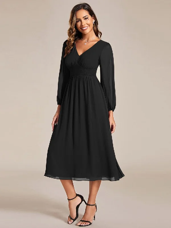 "Mother of the groom dresses for women in sophisticated designs"Chiffon V-Neck Long Sleeves Elastic Band Midi Wedding Guest Dress "Mother of the groom dresses for women in sophisticated designs"Chiffon V-Neck Long Sleeves Elastic Band Midi Wedding Guest Dress