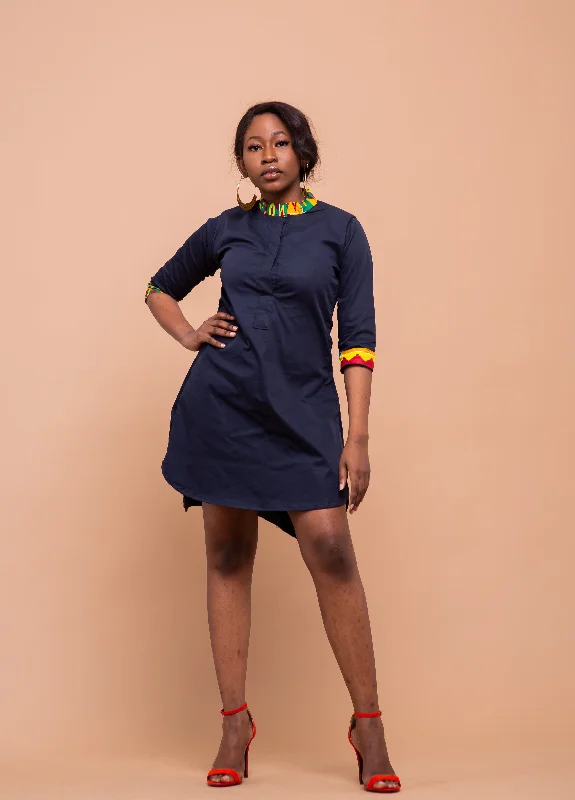 "Sustainable and eco - friendly women's dresses"Dalton Midi Dress | Navy Blue and Ankara Mixed African Print "Sustainable and eco - friendly women's dresses"Dalton Midi Dress | Navy Blue and Ankara Mixed African Print