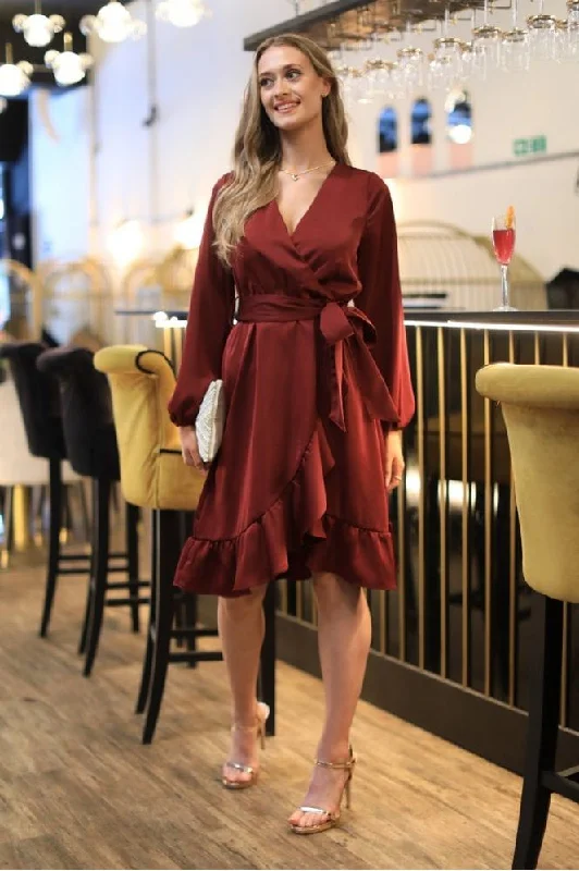 "Off - shoulder dresses for women to show off collarbones"Double Second Red Frill Wrap Dress "Off - shoulder dresses for women to show off collarbones"Double Second Red Frill Wrap Dress