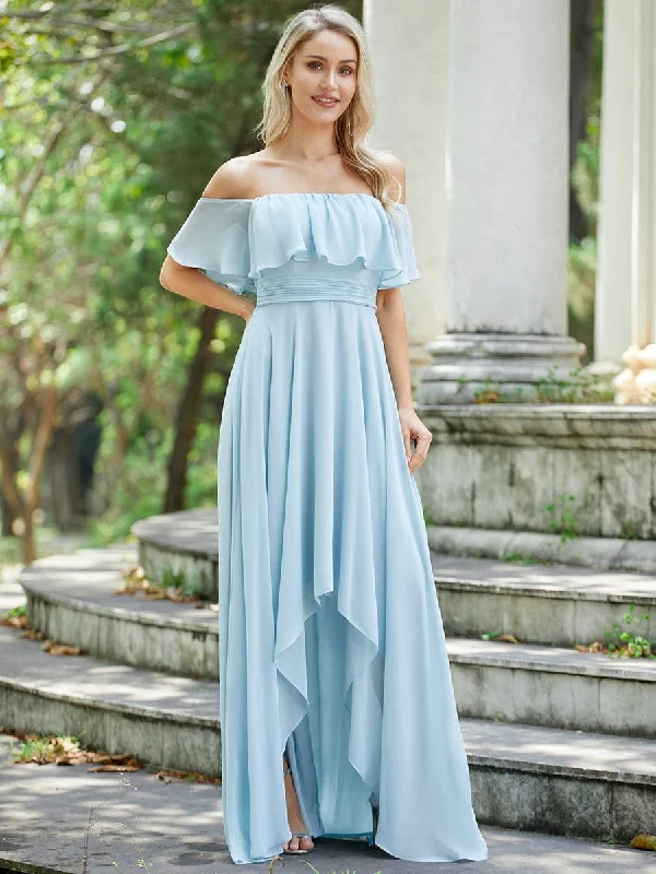 "Satin dresses for women for a luxurious appearance"Elegant Chiffon High-Low Off The Shoulder Bridesmaid Dress "Satin dresses for women for a luxurious appearance"Elegant Chiffon High-Low Off The Shoulder Bridesmaid Dress