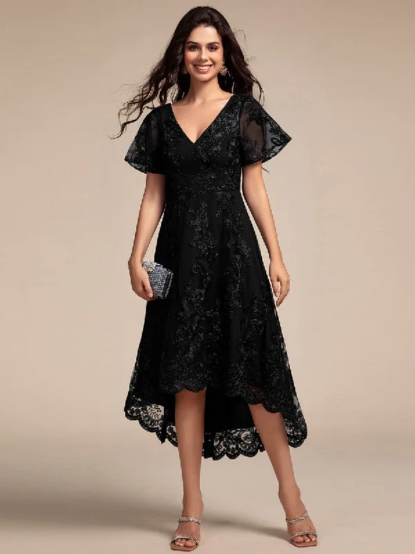 "Maxi dresses for women to wear in the fall"Embroidered Mesh Double V-Neck Short Sleeves Midi Wedding Guest Dress "Maxi dresses for women to wear in the fall"Embroidered Mesh Double V-Neck Short Sleeves Midi Wedding Guest Dress