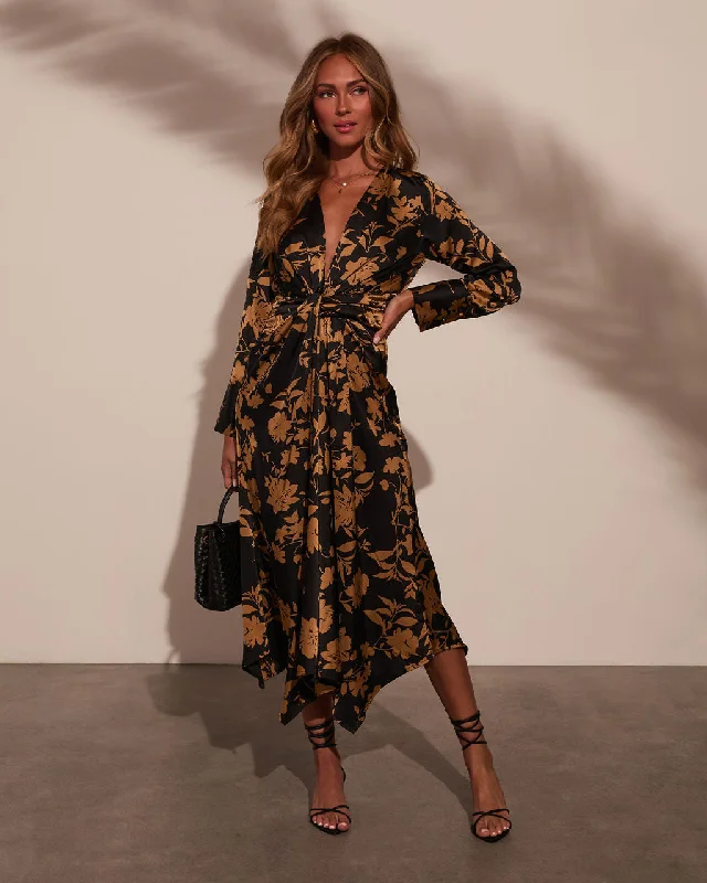 "Denim dresses for women for a casual and cool style"Emmers Twist Floral Satin Midi Dress "Denim dresses for women for a casual and cool style"Emmers Twist Floral Satin Midi Dress