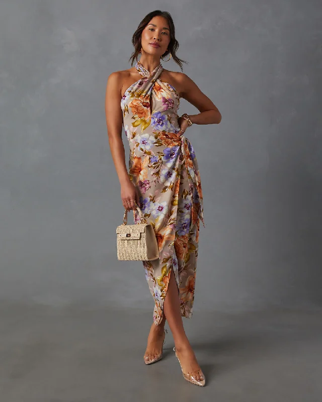 "Elegant wedding guest dresses for women under $100"Floral Beauty Twist Front Halter Midi Dress "Elegant wedding guest dresses for women under $100"Floral Beauty Twist Front Halter Midi Dress