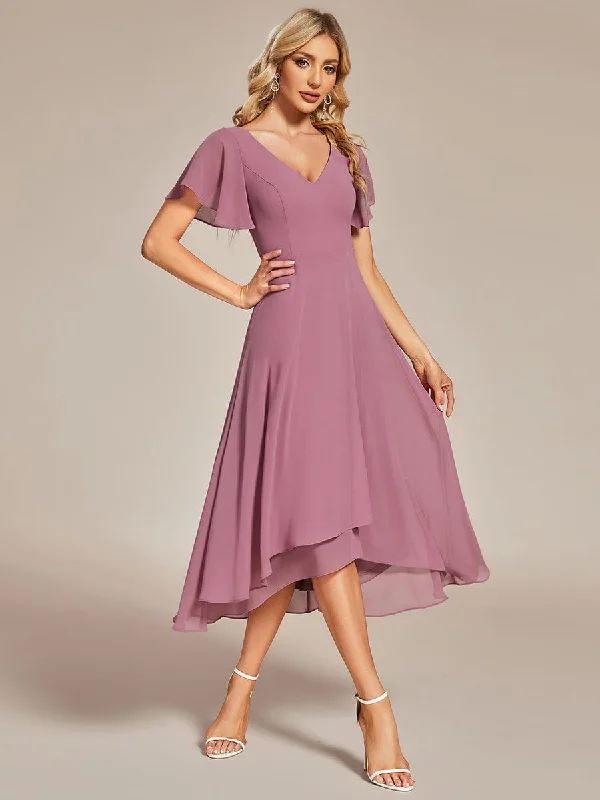 "Short dresses for women for a night out clubbing"Flowing Chiffon V-Neck Ruffle Sleeves Bridesmaid Dress "Short dresses for women for a night out clubbing"Flowing Chiffon V-Neck Ruffle Sleeves Bridesmaid Dress