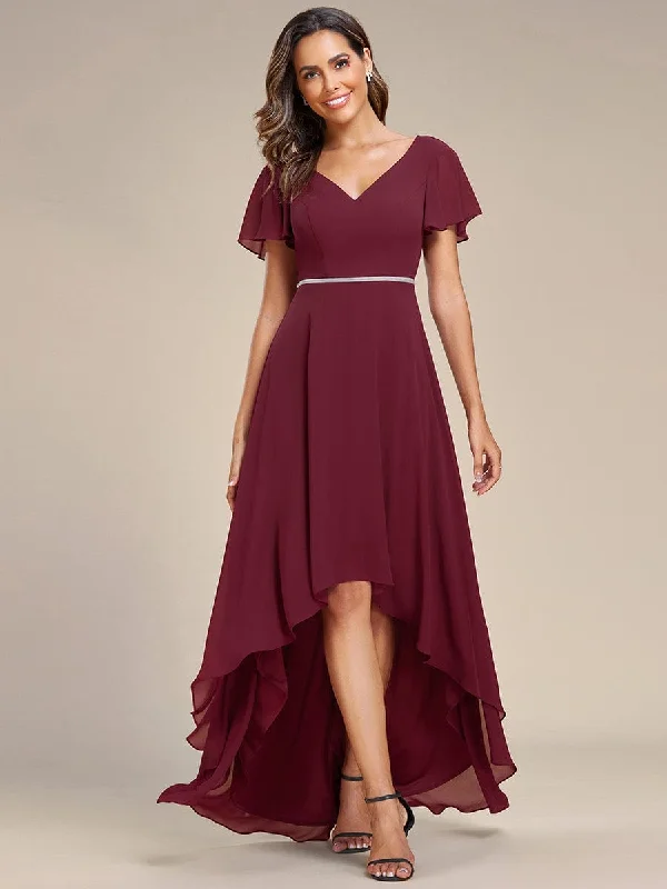 "Beaded dresses for women for a glamorous look"Flowy High-low Chiffon Ruffle Sleeves Bridesmaid Dress "Beaded dresses for women for a glamorous look"Flowy High-low Chiffon Ruffle Sleeves Bridesmaid Dress