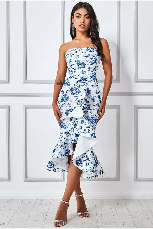 "Bundle and Save: Buy Multiple Women's Dresses and Get a Discount"Goddiva Bow Bandeau Midi With Ruffles - Blue Print "Bundle and Save: Buy Multiple Women's Dresses and Get a Discount"Goddiva Bow Bandeau Midi With Ruffles - Blue Print