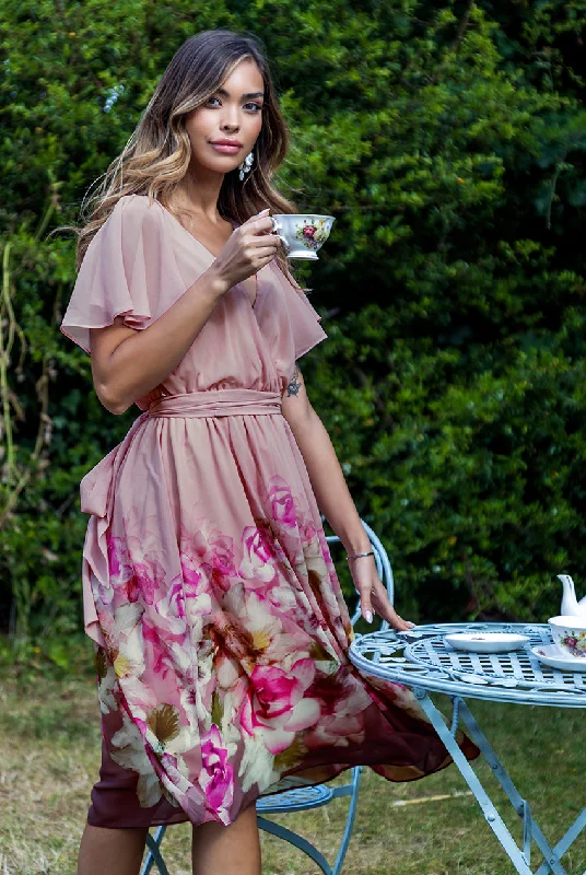 "Homecoming dresses for women to stand out"Goddiva Chiffon Floral Border Print Midi Dress - Blush "Homecoming dresses for women to stand out"Goddiva Chiffon Floral Border Print Midi Dress - Blush