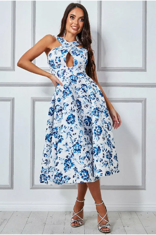 "Buy One, Get One 50% Off on Women's Dresses - Don't Miss Out!"Goddiva Crossover Keyhole Midi Dress - Blue Print "Buy One, Get One 50% Off on Women's Dresses - Don't Miss Out!"Goddiva Crossover Keyhole Midi Dress - Blue Print