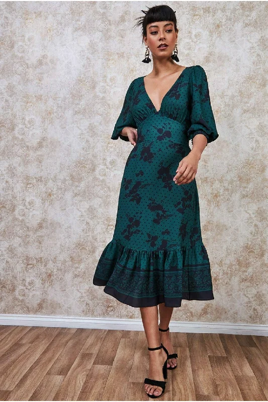 "Buy One, Get One 50% Off on Women's Dresses - Don't Miss Out!"Goddiva Floral Print Puff Sleeve Midi Dress - Emerald Green "Buy One, Get One 50% Off on Women's Dresses - Don't Miss Out!"Goddiva Floral Print Puff Sleeve Midi Dress - Emerald Green