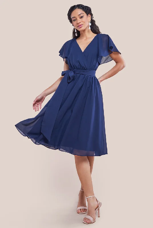 "Trendy casual dresses for women to wear at the beach"Goddiva Sustainable Flutter Sleeve Chiffon Wrap Midi Dress - Navy "Trendy casual dresses for women to wear at the beach"Goddiva Sustainable Flutter Sleeve Chiffon Wrap Midi Dress - Navy