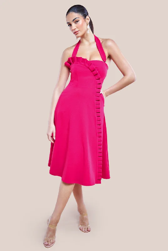 "Work - appropriate dresses for professional women"Goddiva Frilled Halter Neck Strap Midi Dress - Magenta "Work - appropriate dresses for professional women"Goddiva Frilled Halter Neck Strap Midi Dress - Magenta