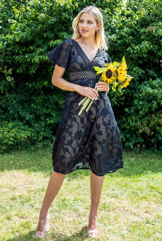 "Beach wedding dresses for women for a laid - back ceremony"Goddiva Jacquard Lurex Burnout A-Line Midi Dress - Black "Beach wedding dresses for women for a laid - back ceremony"Goddiva Jacquard Lurex Burnout A-Line Midi Dress - Black
