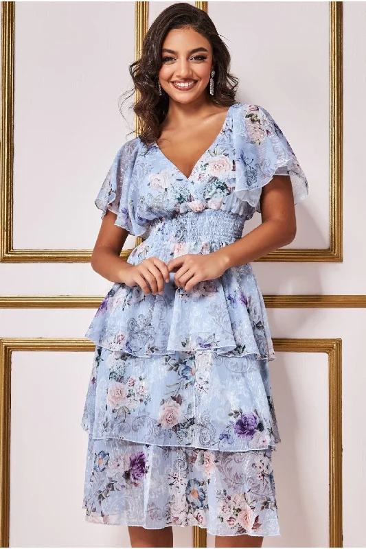 "Red dresses for women to make a bold statement"Goddiva Layered Floral Midi Flutter Sleeves - Blue Floral "Red dresses for women to make a bold statement"Goddiva Layered Floral Midi Flutter Sleeves - Blue Floral